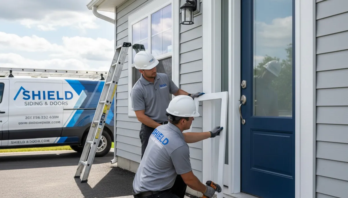 Technician repairing exterior door with vinyl siding in Nashville, TN home exterior repair service