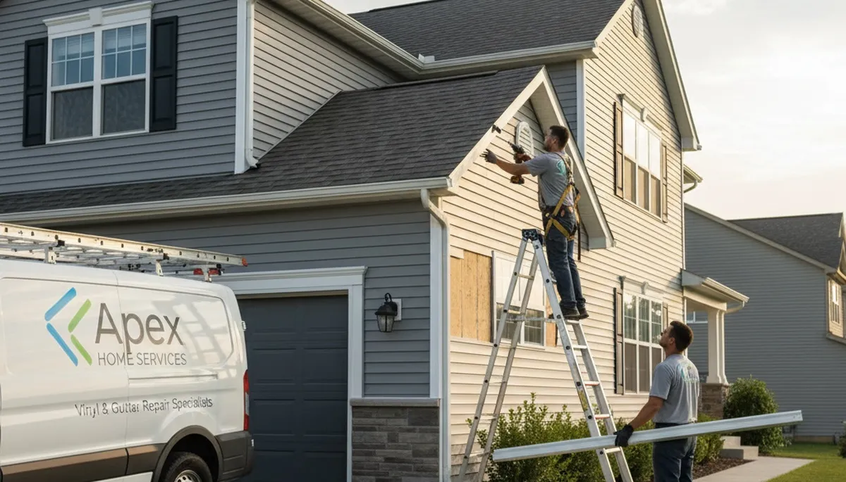 Technician performing gutter repair on vinyl-sided home in Nashville, TN