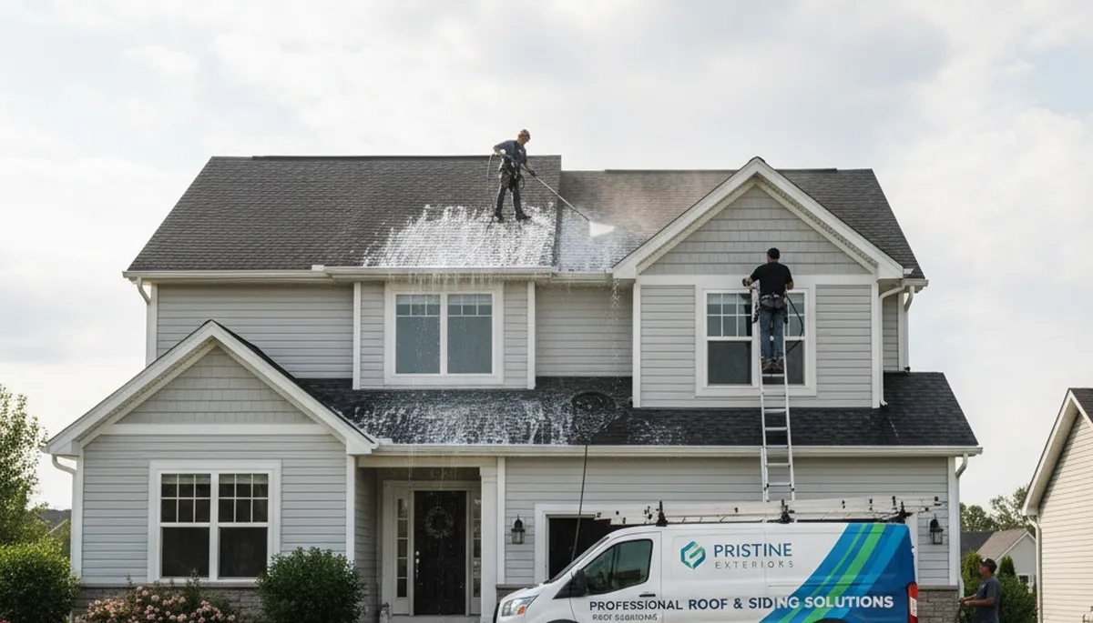 Professional roof cleaning service removing moss and debris in Nashville, TN