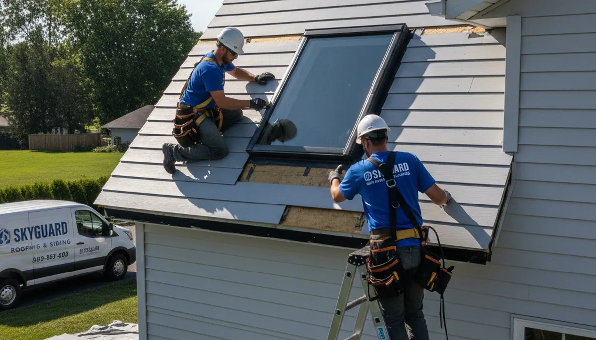 Technician repairing skylight on vinyl-sided home in Nashville TN by Next Level Exteriors