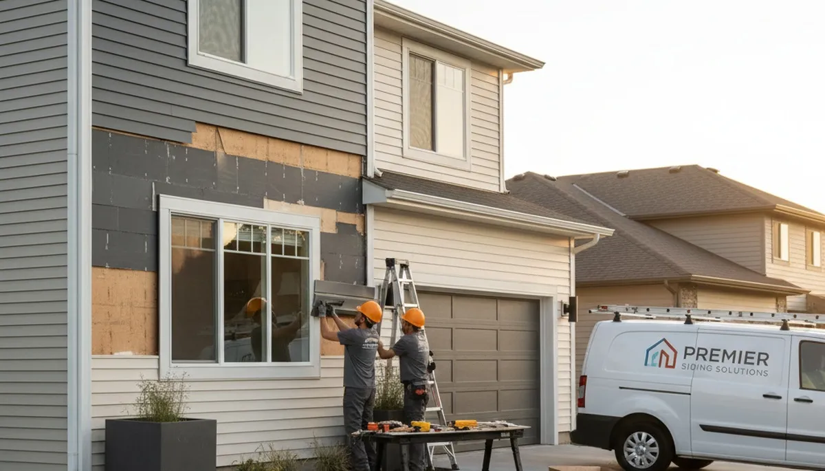 Technician repairing damaged vinyl siding on home exterior in Nashville, TN